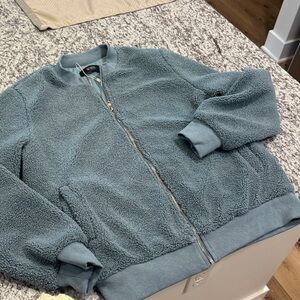 Aritzia Plush Teddy Bomber Jacket in Slate Blue-Green